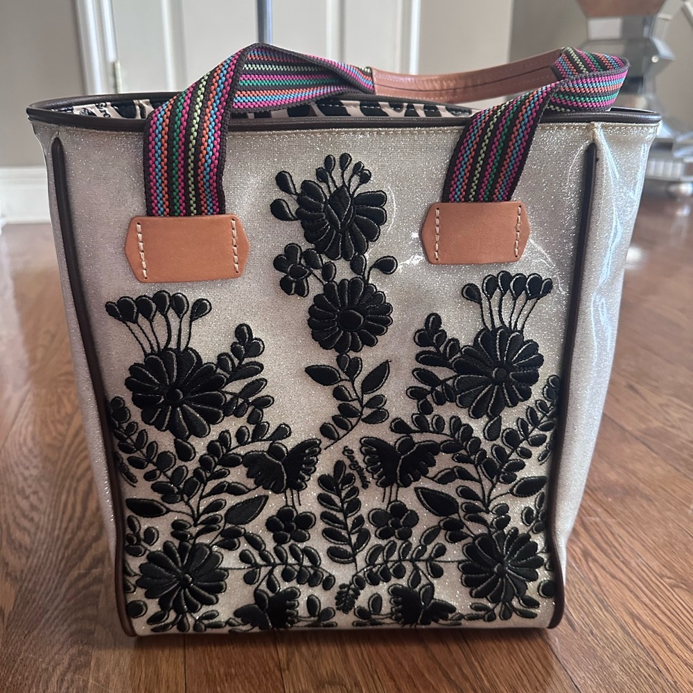Consuela Chica Classic Tote: Krystal: Black Floral Embroidery, Multicolor Straps - Picture 2 of 13